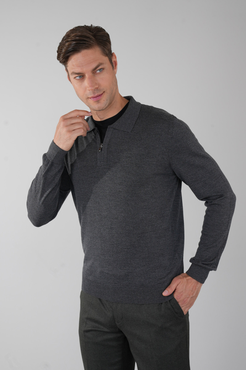 Polo Yaka Fermuar Detaylı Antrasit Erkek Yün Triko