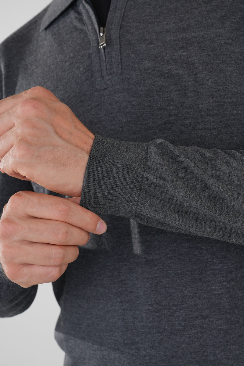 Polo Yaka Fermuar Detaylı Antrasit Erkek Yün Triko - 4