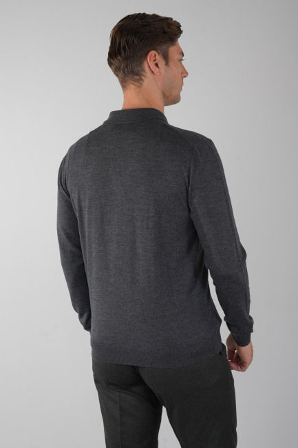 Polo Yaka Fermuar Detaylı Antrasit Erkek Yün Triko - 2