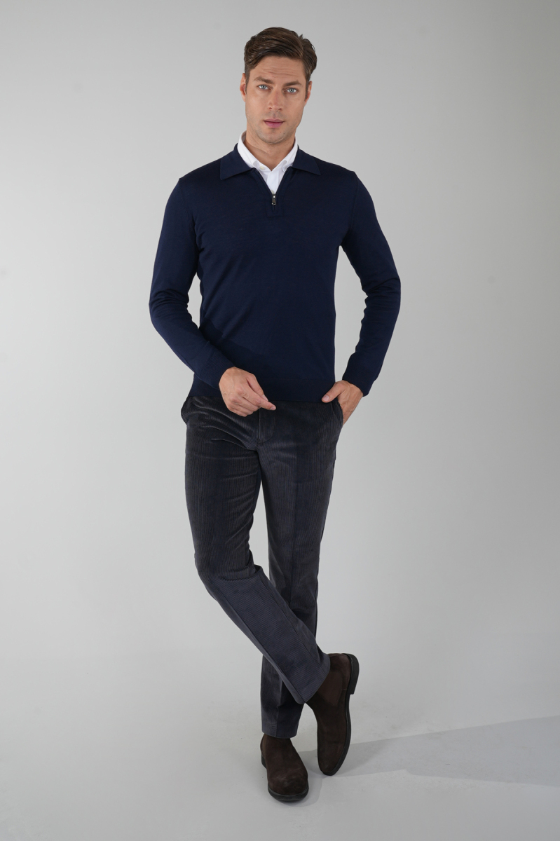 Polo Yaka Fermuar Detaylı Lacivert Erkek Yün Triko - 5