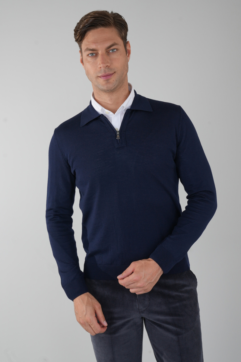 Polo Yaka Fermuar Detaylı Lacivert Erkek Yün Triko - 1