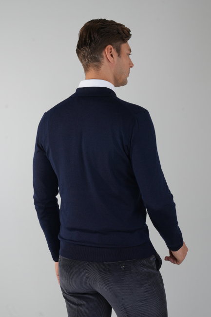 Polo Yaka Fermuar Detaylı Lacivert Erkek Yün Triko - 2
