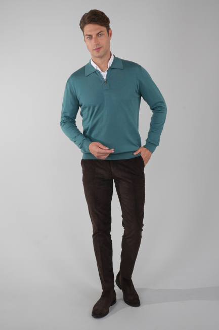 Polo Yaka Fermuar Detaylı Mint Erkek Yün Triko - 5