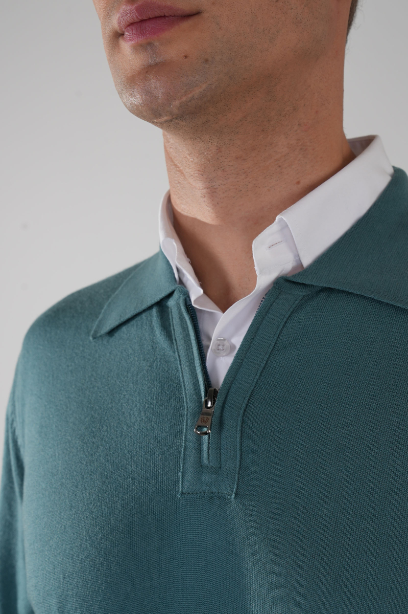 Polo Yaka Fermuar Detaylı Mint Erkek Yün Triko - 3