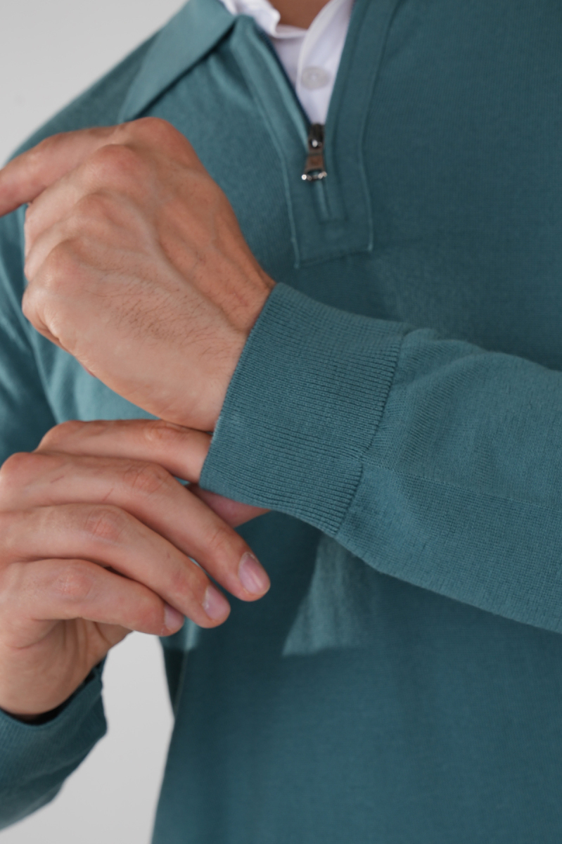 Polo Yaka Fermuar Detaylı Mint Erkek Yün Triko - 4