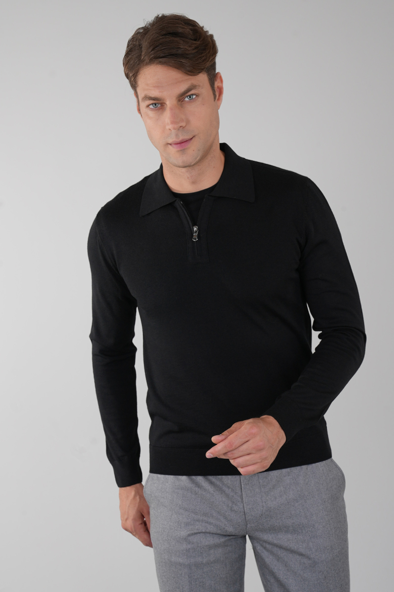 Polo Yaka Fermuar Detaylı Siyah Erkek Yün Triko - 1