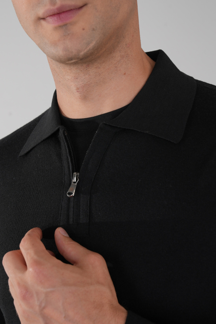 Polo Yaka Fermuar Detaylı Siyah Erkek Yün Triko - 3