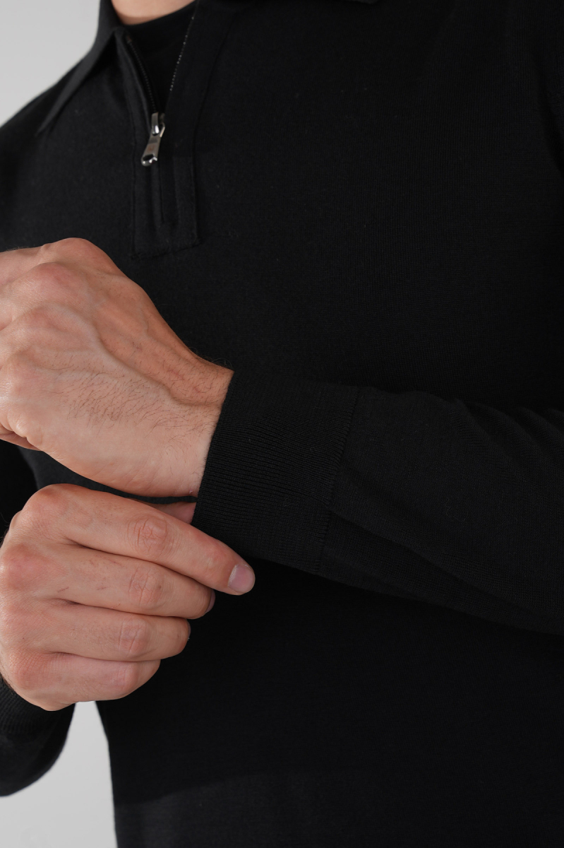 Polo Yaka Fermuar Detaylı Siyah Erkek Yün Triko - 4