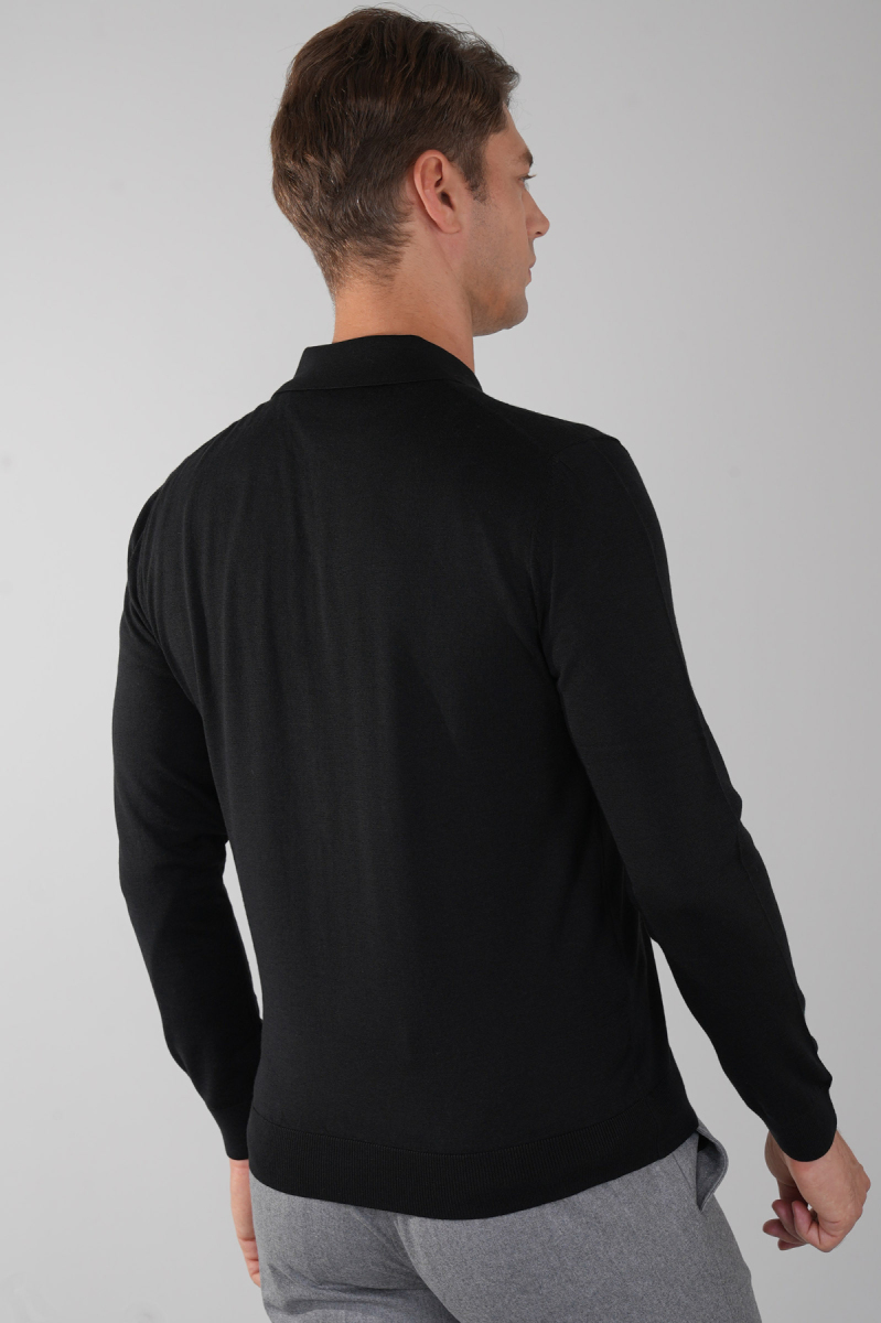 Polo Yaka Fermuar Detaylı Siyah Erkek Yün Triko - 2