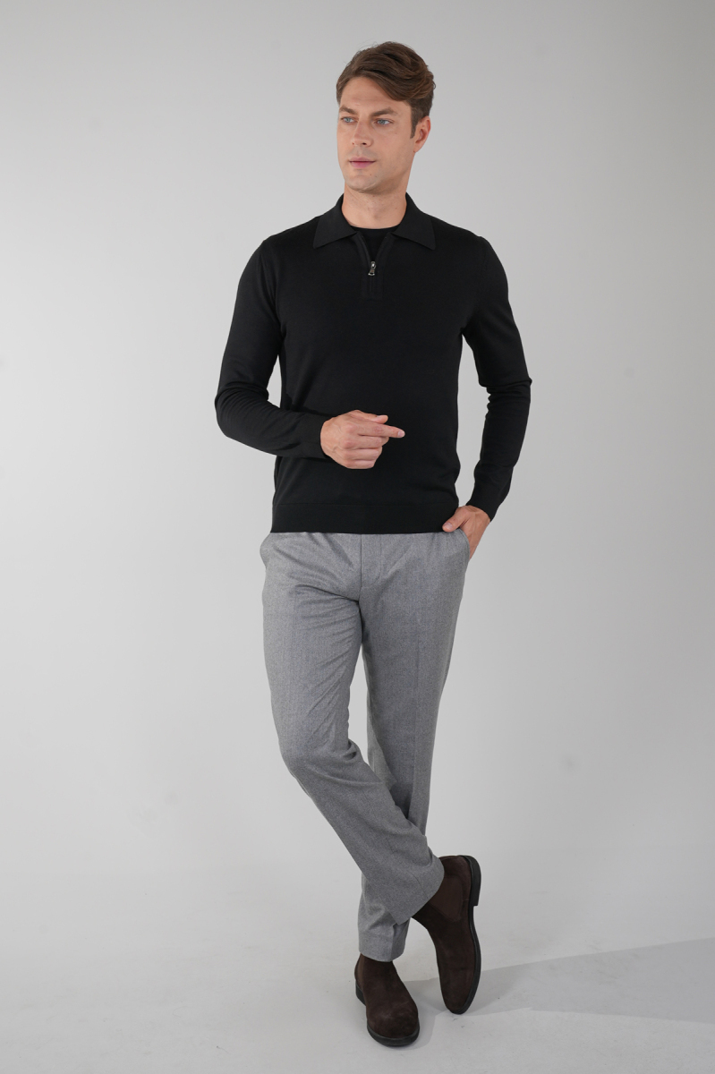 Polo Yaka Fermuar Detaylı Siyah Erkek Yün Triko - 5
