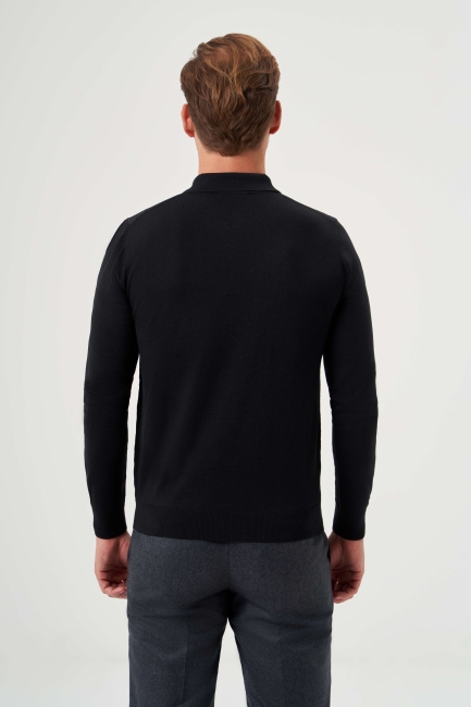 Polo Yaka Fermuar Detaylı Siyah Jakarlı Erkek Triko - 2