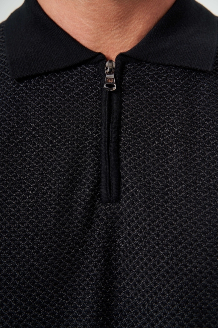 Polo Yaka Fermuar Detaylı Siyah Jakarlı Erkek Triko - 3