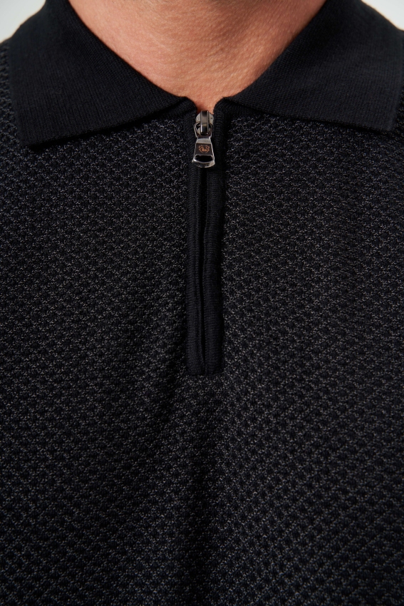 Polo Yaka Fermuar Detaylı Siyah Jakarlı Erkek Triko - 3