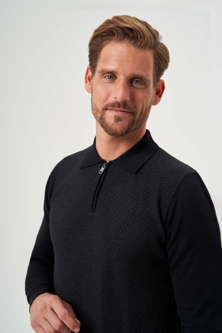 Polo Yaka Fermuar Detaylı Siyah Jakarlı Erkek Triko - 4