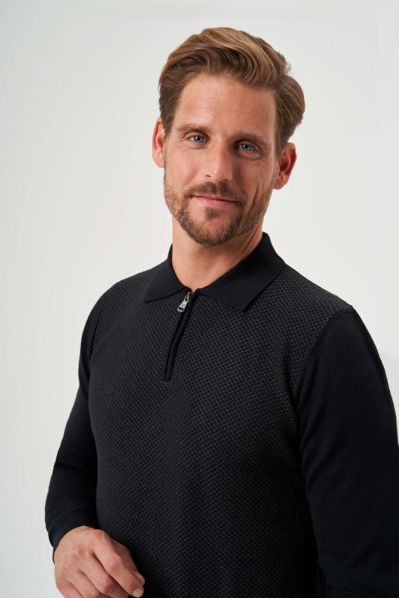 Polo Yaka Fermuar Detaylı Siyah Jakarlı Erkek Triko - 4