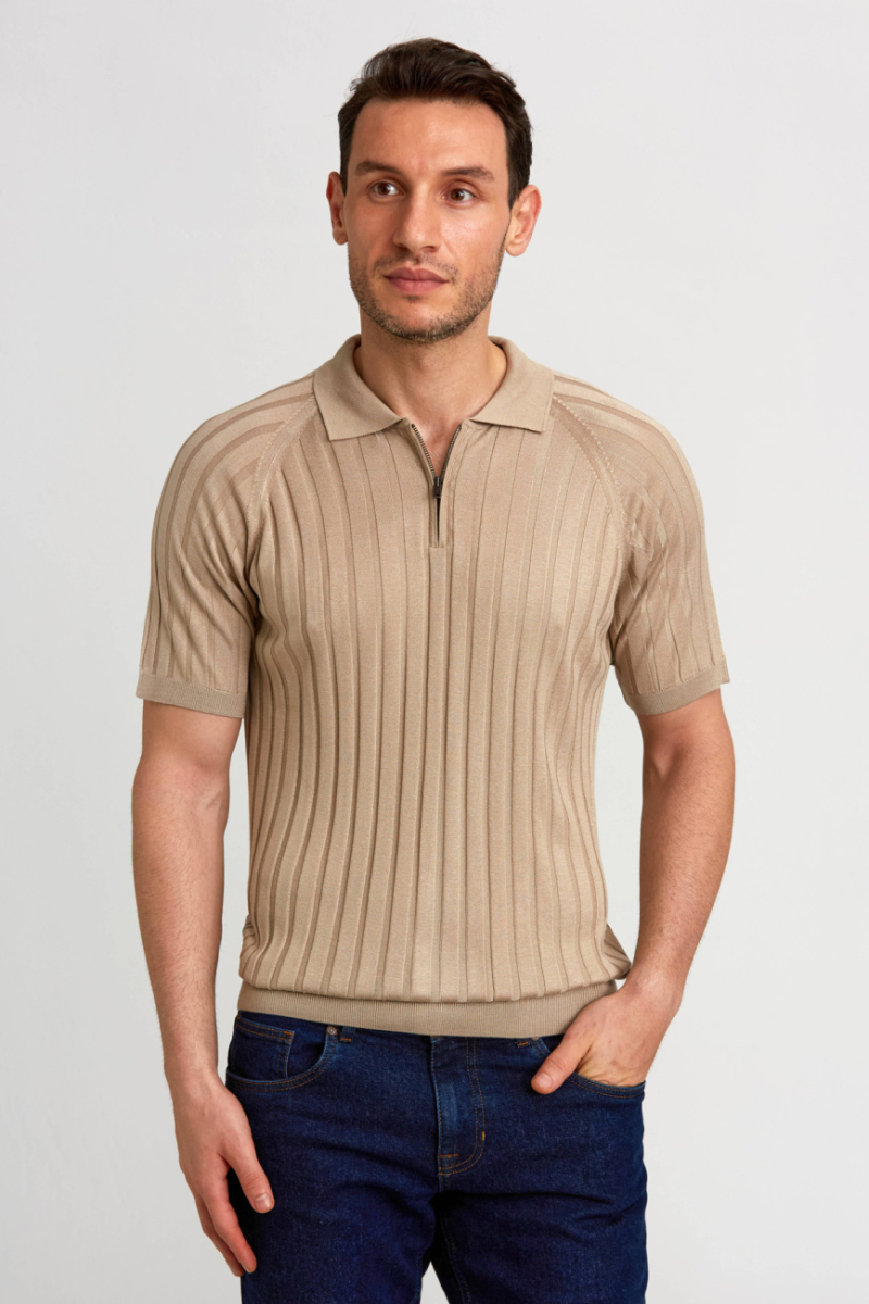 Polo Yaka Fermuarlı Bej Erkek Triko T-Shirt
