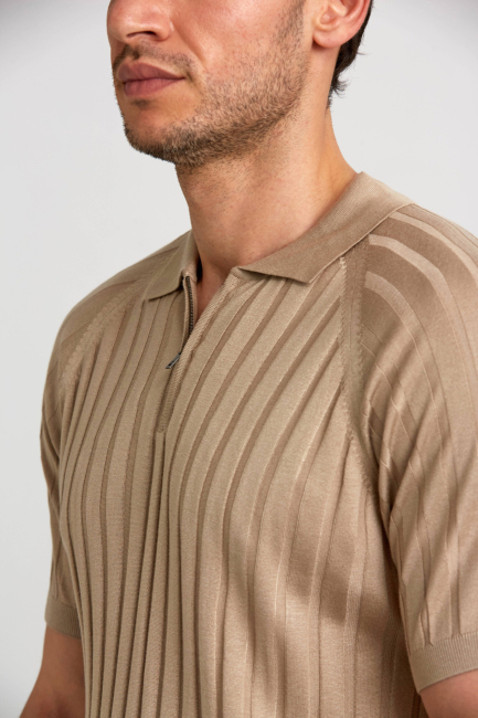 Polo Yaka Fermuarlı Bej Erkek Triko T-Shirt - 5