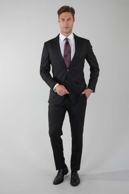 Siyah Mono Yaka Çift Yırtmaçlı 6 Drop Yün Takım Elbise