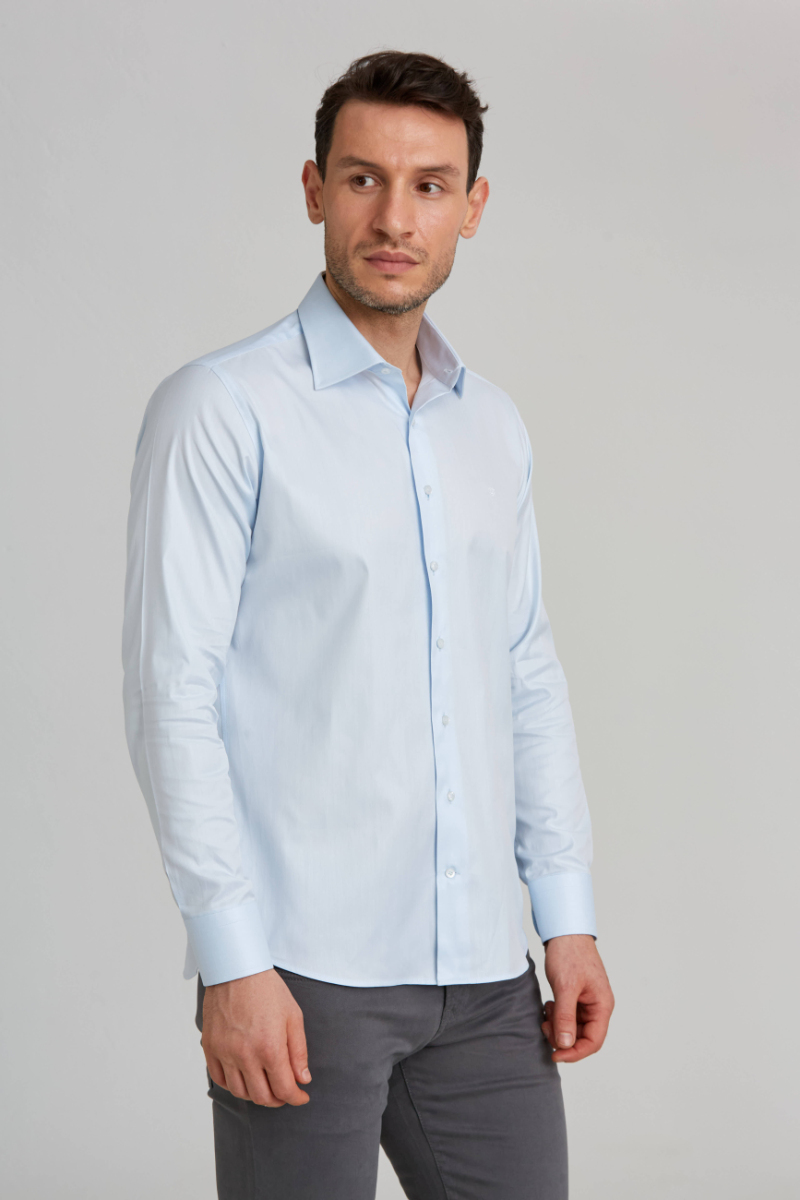 Regular Fit Açık Mavi Çizgili Klasik Erkek Gömlek - 5