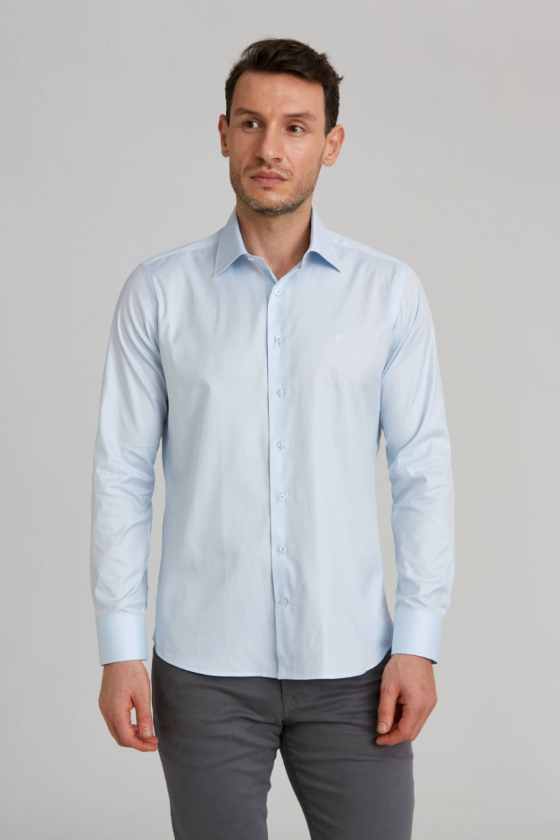 Regular Fit Açık Mavi Çizgili Klasik Erkek Gömlek - 1