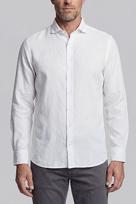 Regular Fit Alt Birit Yaka Keten Beyaz Erkek Gömlek