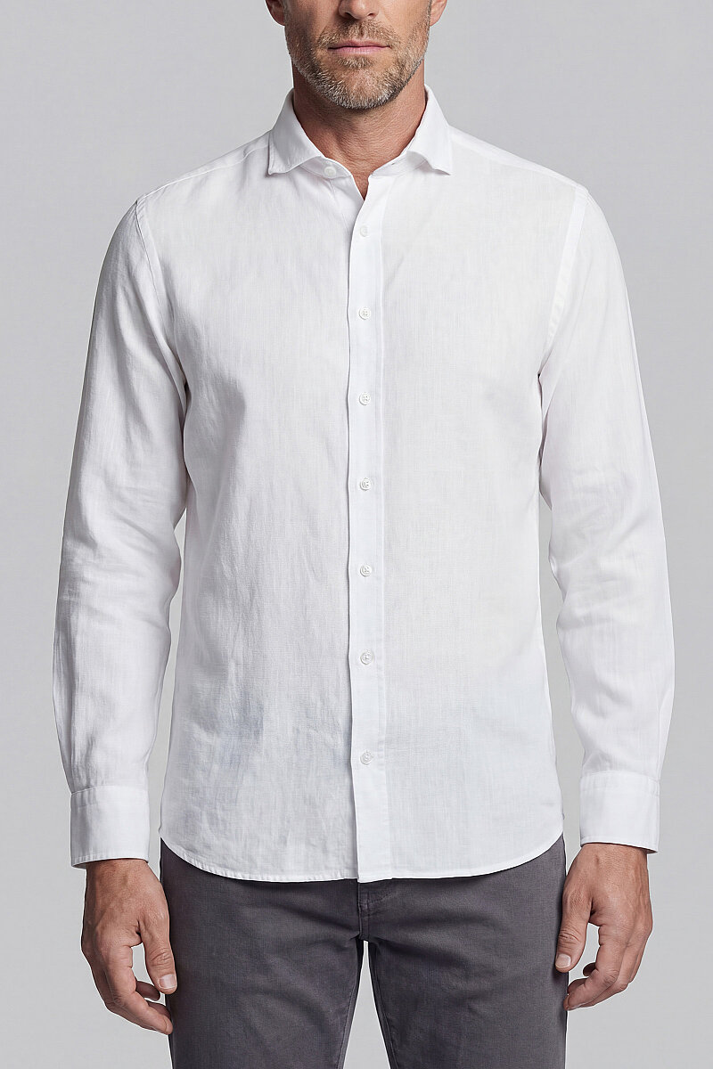 Regular Fit Alt Birit Yaka Keten Beyaz Erkek Gömlek