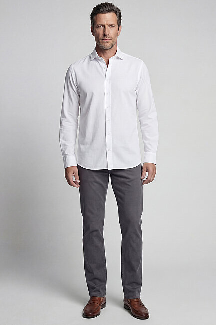 Regular Fit Alt Birit Yaka Keten Beyaz Erkek Gömlek (4)