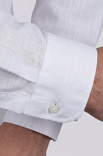 Regular Fit Alt Birit Yaka Keten Beyaz Erkek Gömlek (3)