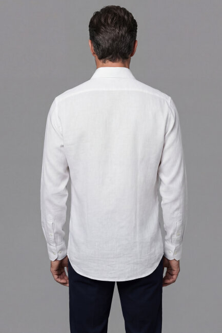Regular Fit Alt Birit Yaka Pamuk Keten Beyaz Erkek Gömlek - 2