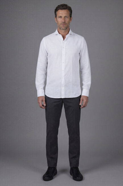 Regular Fit Alt Birit Yaka Pamuk Keten Beyaz Erkek Gömlek - 5