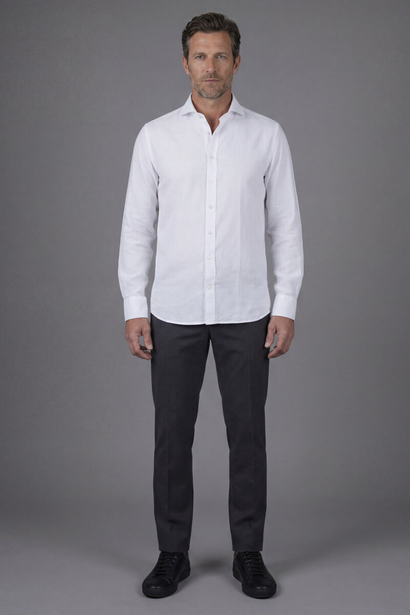 Regular Fit Alt Birit Yaka Pamuk Keten Beyaz Erkek Gömlek - 5