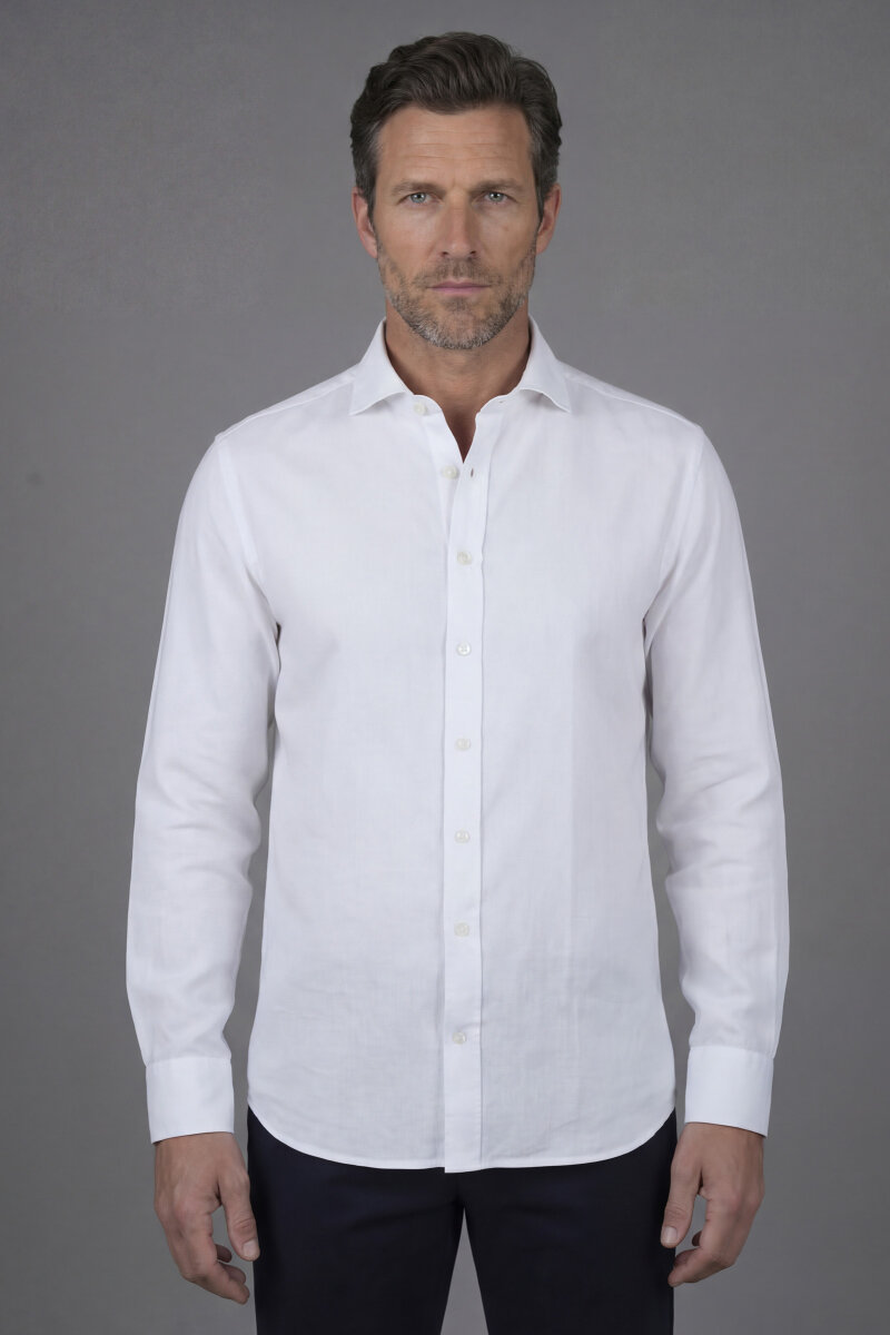 Regular Fit Alt Birit Yaka Pamuk Keten Beyaz Erkek Gömlek - 1