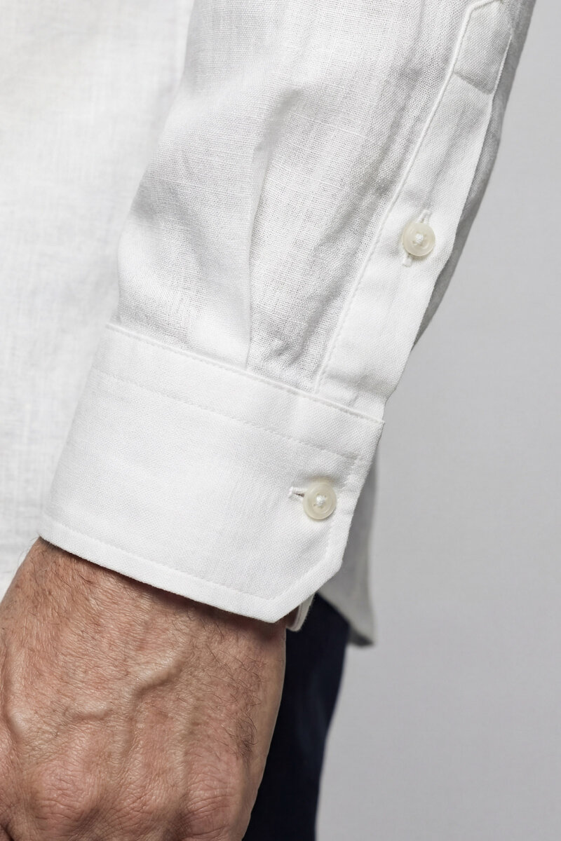 Regular Fit Alt Birit Yaka Pamuk Keten Beyaz Erkek Gömlek - 3