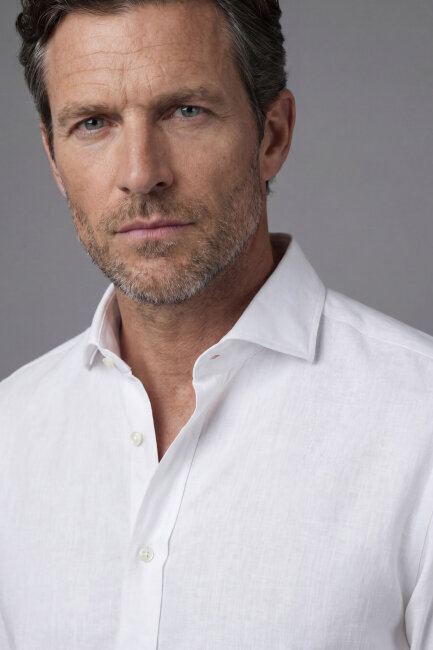 Regular Fit Alt Birit Yaka Pamuk Keten Beyaz Erkek Gömlek - 4