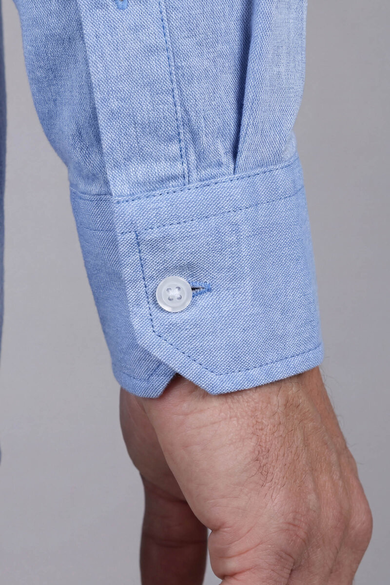 Regular Fit Alt Birit Yaka Pamuk Keten Mavi Erkek Gömlek - 3