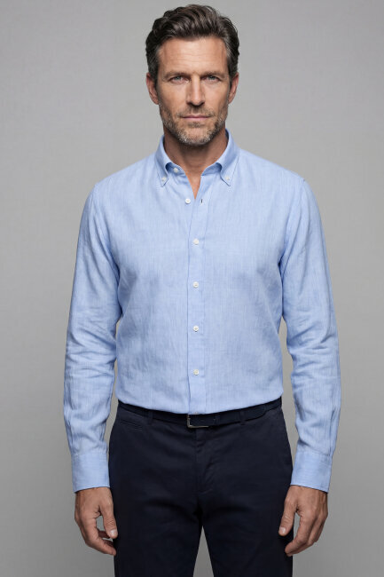 Regular Fit Alt Birit Yaka Pamuk Keten Mavi Erkek Gömlek - 5