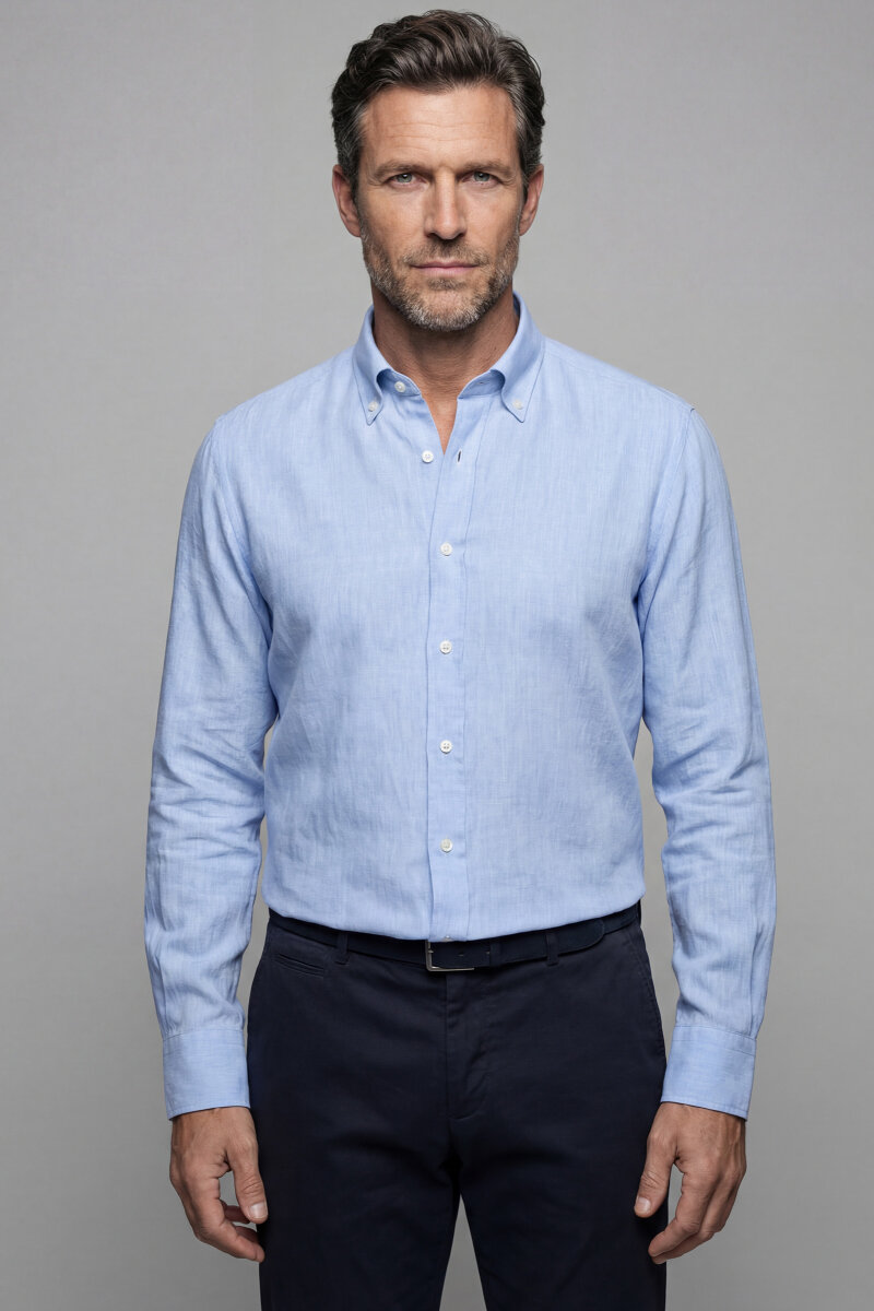 Regular Fit Alt Birit Yaka Pamuk Keten Mavi Erkek Gömlek - 5