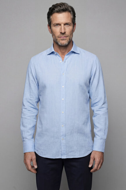 Regular Fit Alt Birit Yaka Pamuk Keten Mavi Erkek Gömlek