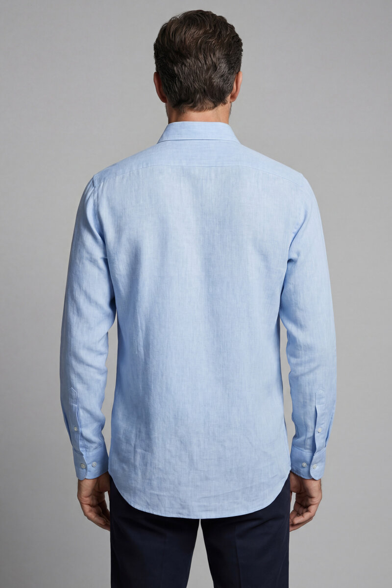 Regular Fit Alt Birit Yaka Pamuk Keten Mavi Erkek Gömlek - 2