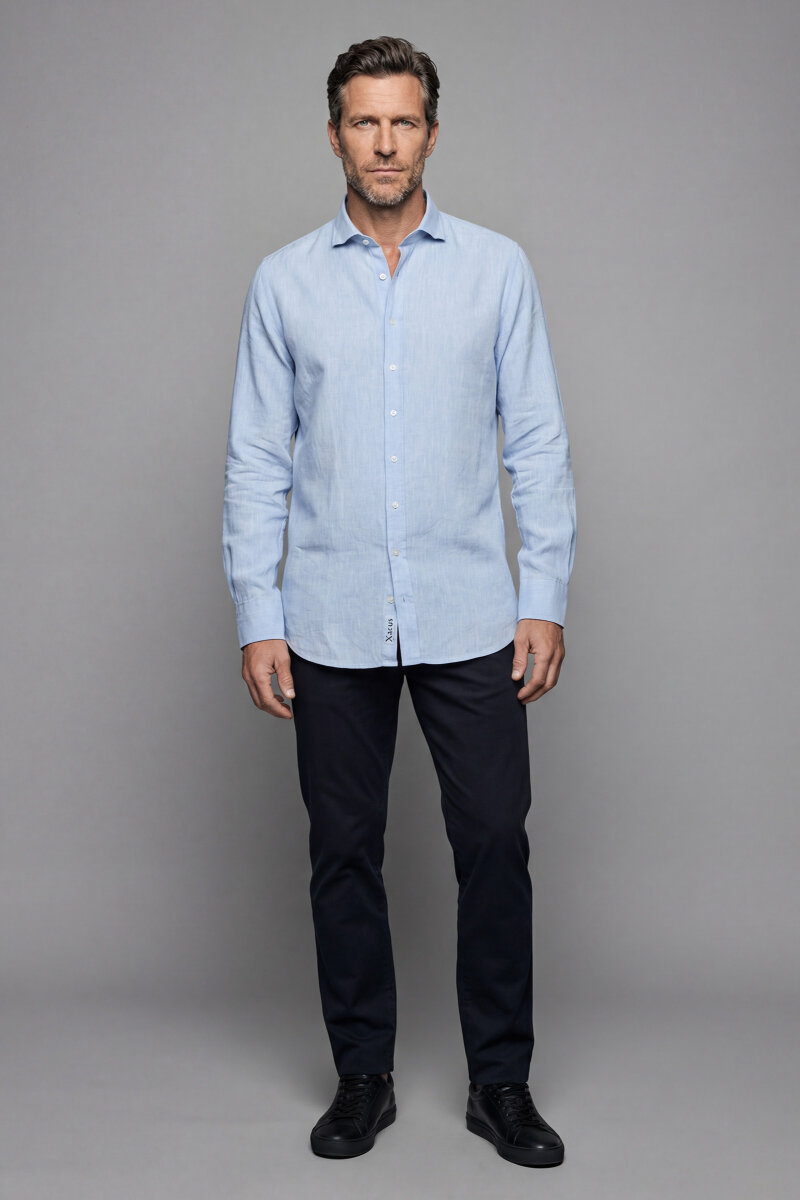 Regular Fit Alt Birit Yaka Pamuk Keten Mavi Erkek Gömlek - 6