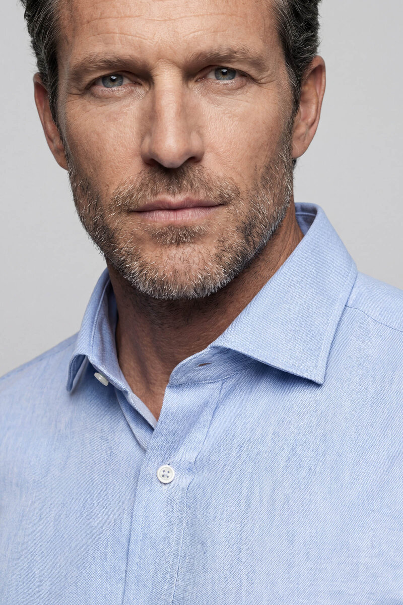 Regular Fit Alt Birit Yaka Pamuk Keten Mavi Erkek Gömlek - 4