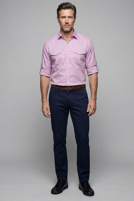 Regular Fit Alttan Birit Yaka Düğmeli Pamuk Kiremit Erkek Gömlek - 5