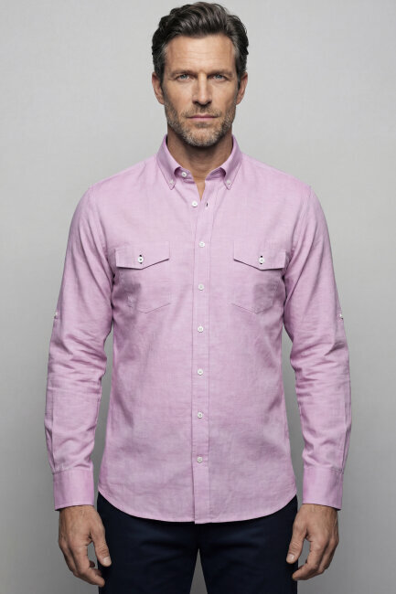 Regular Fit Alttan Birit Yaka Düğmeli Pamuk Kiremit Erkek Gömlek - 1