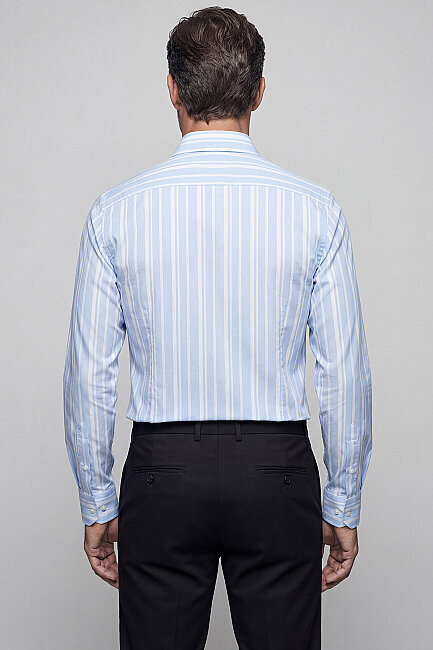 Regular Fit Alttan Britli Yaka Yazlık Çizgili Pamuk Mavi Erkek Gömlek - 2