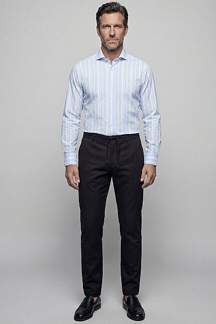 Regular Fit Alttan Britli Yaka Yazlık Çizgili Pamuk Mavi Erkek Gömlek - 5