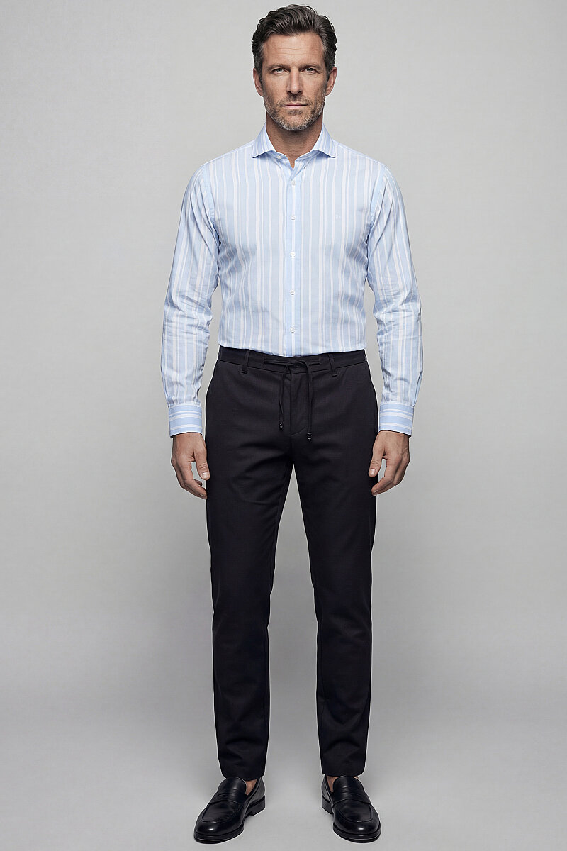 Regular Fit Alttan Britli Yaka Yazlık Çizgili Pamuk Mavi Erkek Gömlek - 5