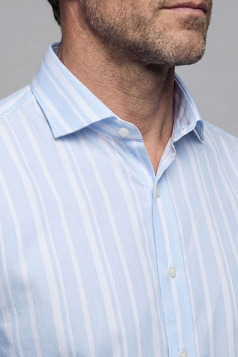 Regular Fit Alttan Britli Yaka Yazlık Çizgili Pamuk Mavi Erkek Gömlek - 3