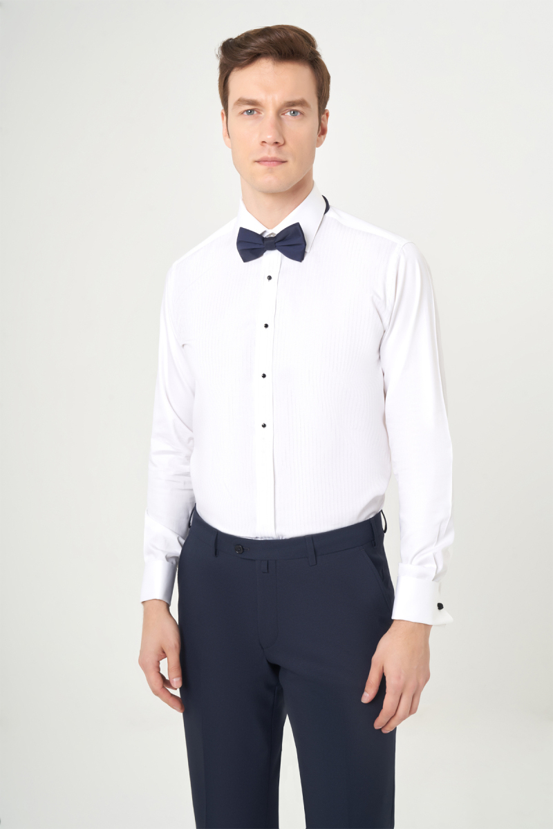 Regular Fit Ata Yaka Sim Çizgili Beyaz Erkek Gömlek - 1