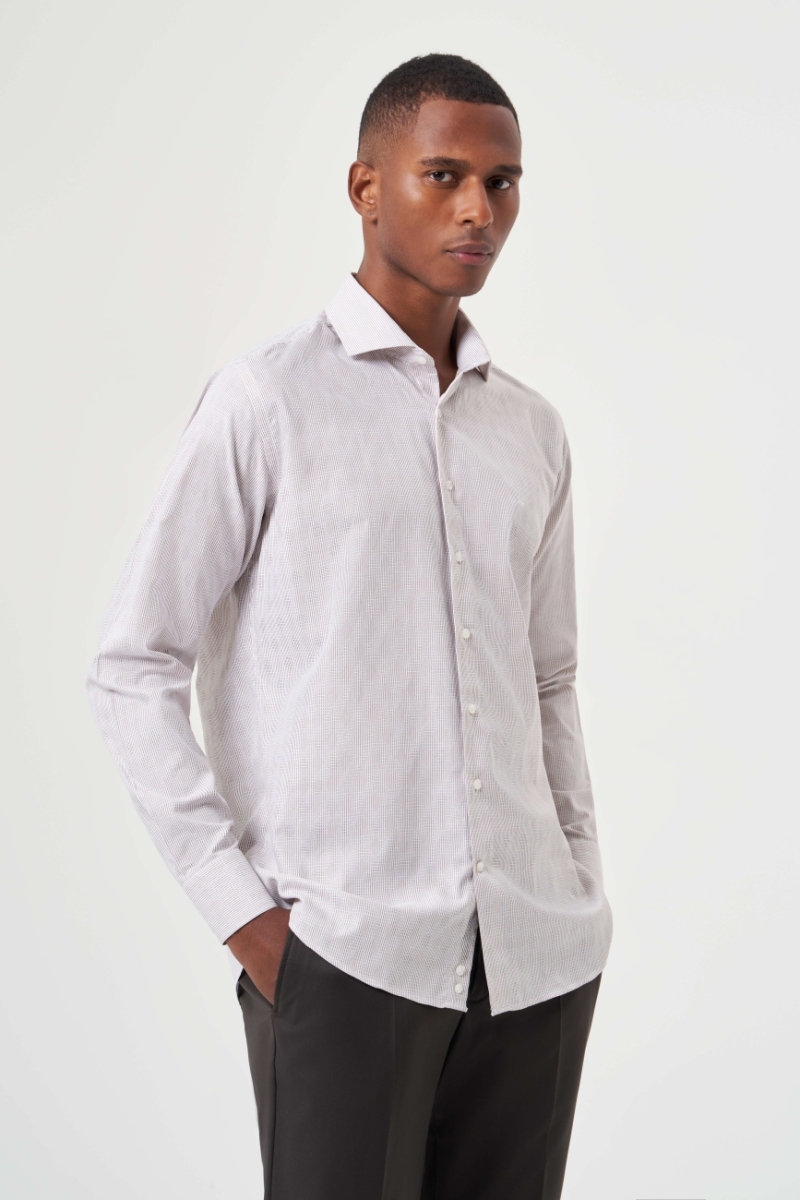 Regular Fit Bej Çizgili İtalyan Yaka Klasik Erkek Gömlek - 1