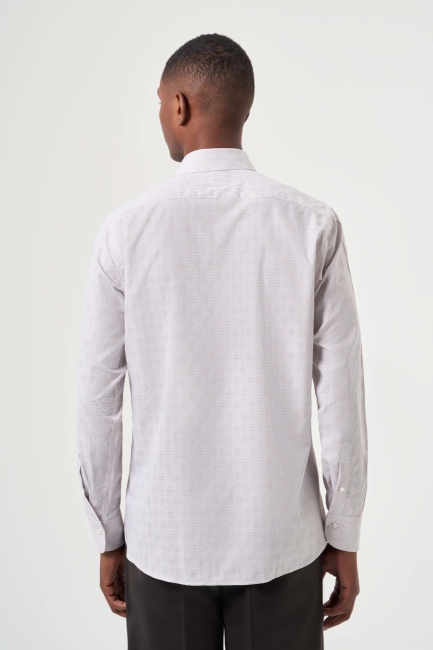 Regular Fit Bej Çizgili İtalyan Yaka Klasik Erkek Gömlek - 2